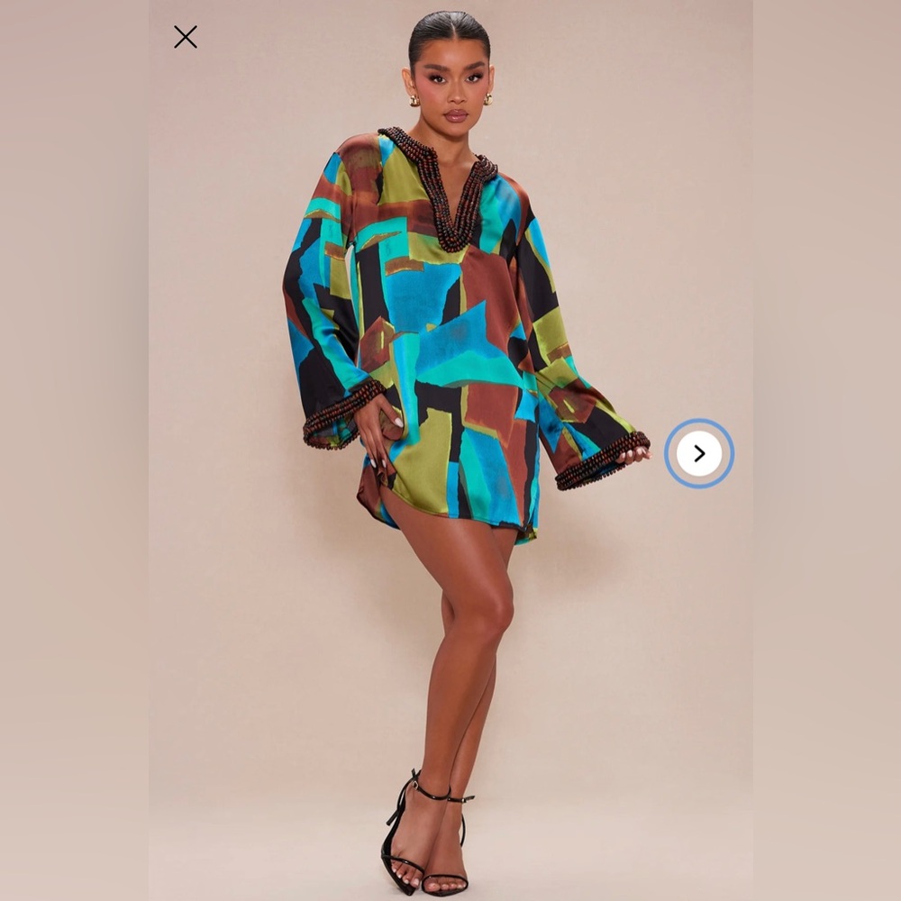 Nova Luxe Dylan Satin Kaftan Mini Dress - Blue/combo size Medium Beaded - Picture 2 of 14